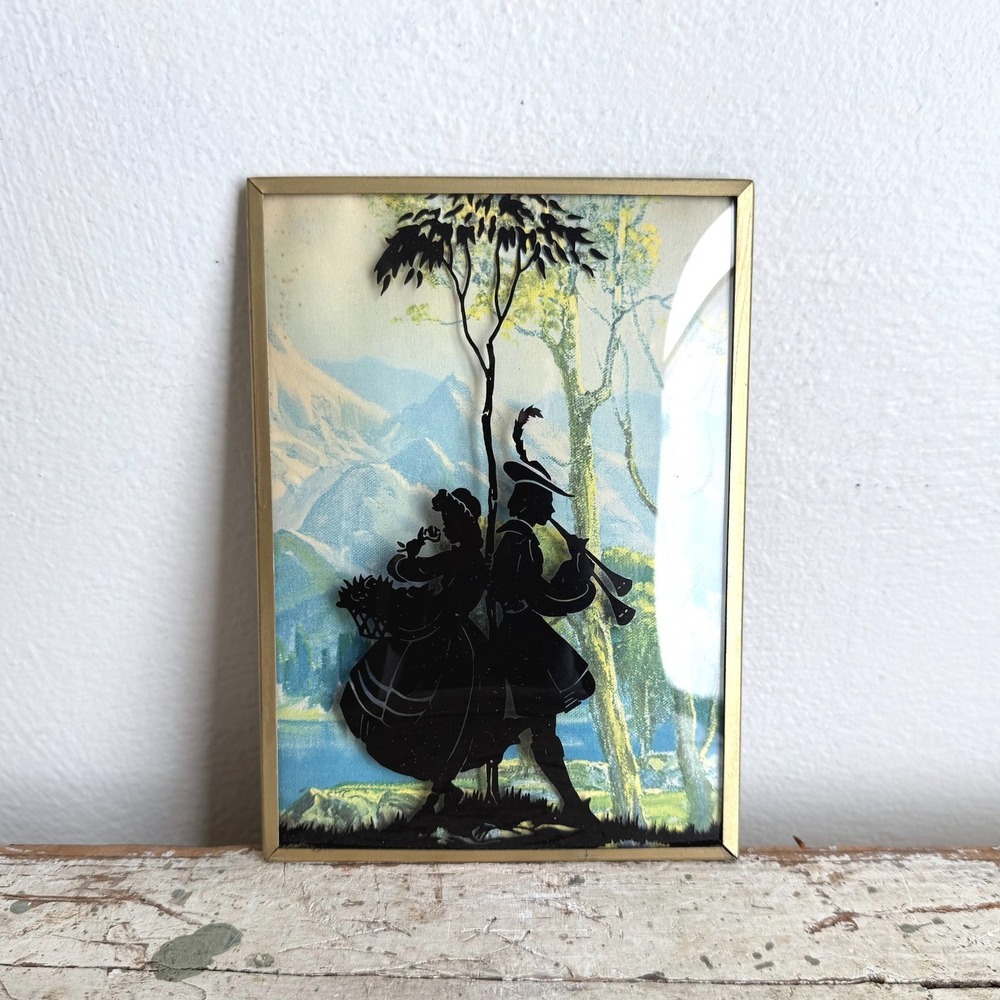 Vintage Reverse Glass Silhouette Alpine Couple Mountain Scene Gold Frame 5x7